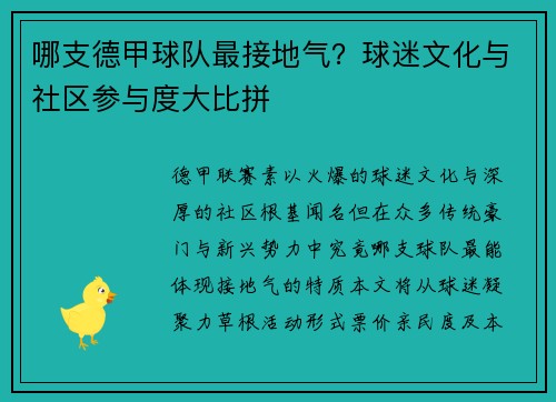 哪支德甲球队最接地气？球迷文化与社区参与度大比拼