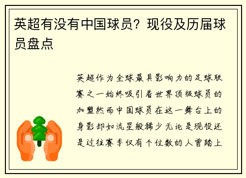 英超有没有中国球员？现役及历届球员盘点